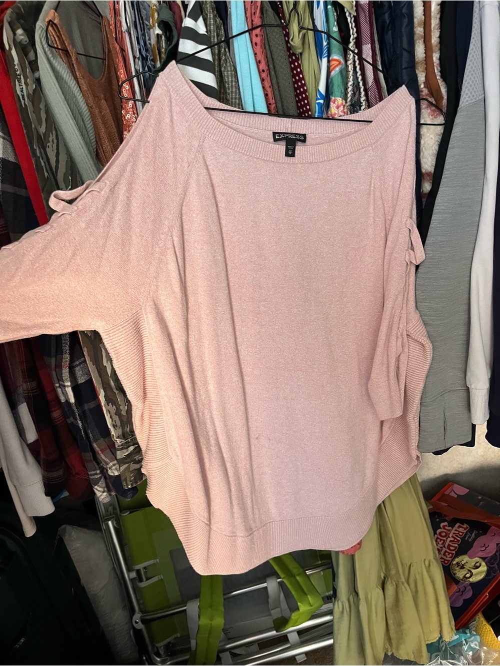Express Blush Pink Cold-Shoulder Tie-Sleeve Sweater